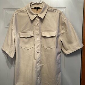 7 FOR ALL MANKIND BEIGE FAUX LEATHER SHORT SLEEVE BUTTON UP SHIRT JACKET Large